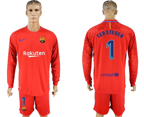 Barcelona #1 Ter Stegen Red Goalkeeper Long Sleeves Soccer Club Jersey